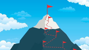 An illustration of a mountain with a path marked by small flags and a large flag at the top.