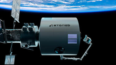 A rendering of a space station in orbit