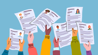 An illustration of hands holding up résumés